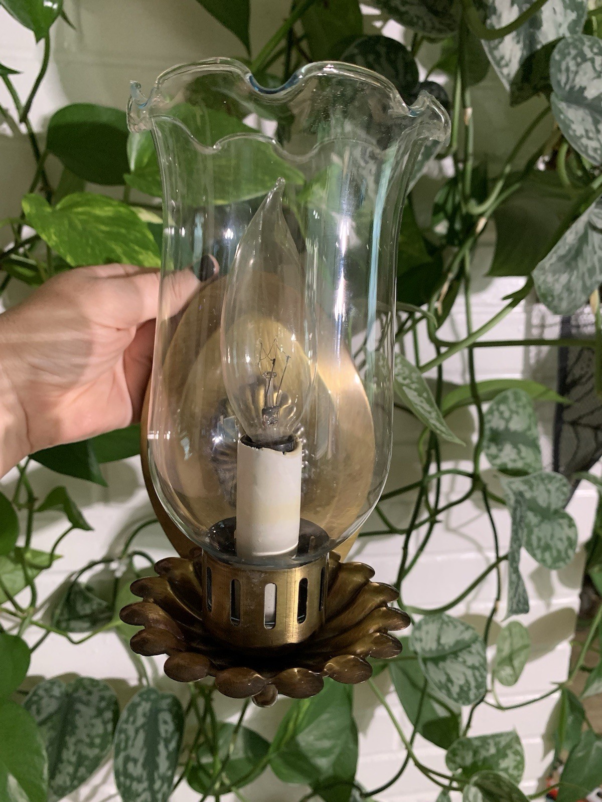 Vintage Lavery & Co Brushed Brass Wall Sconce W Glass Hurricane,9”H, Wired Works