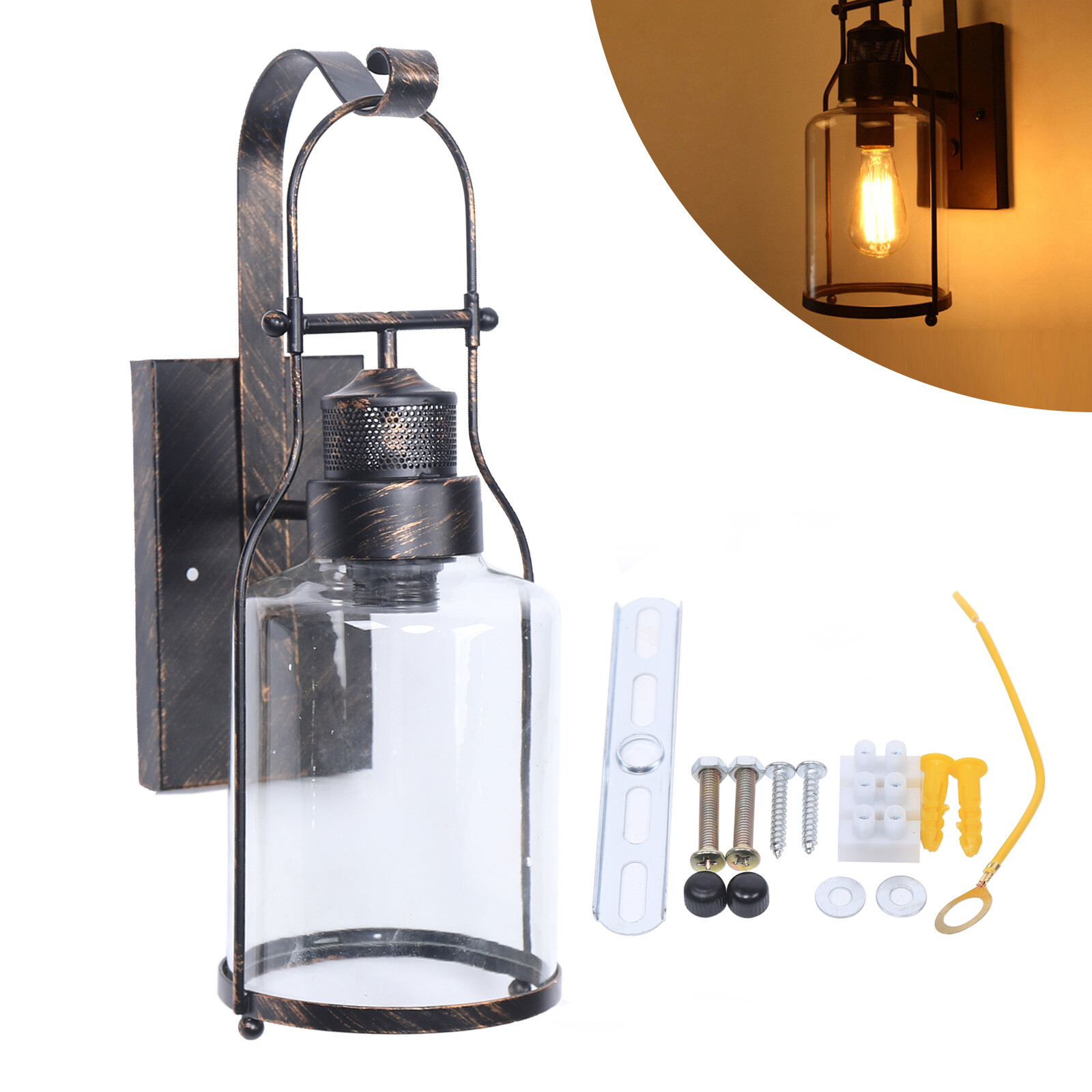 Industrial Rustic Lantern Glass Wall Light Fixture Loft Outdoor Wall Sconce Lamp
