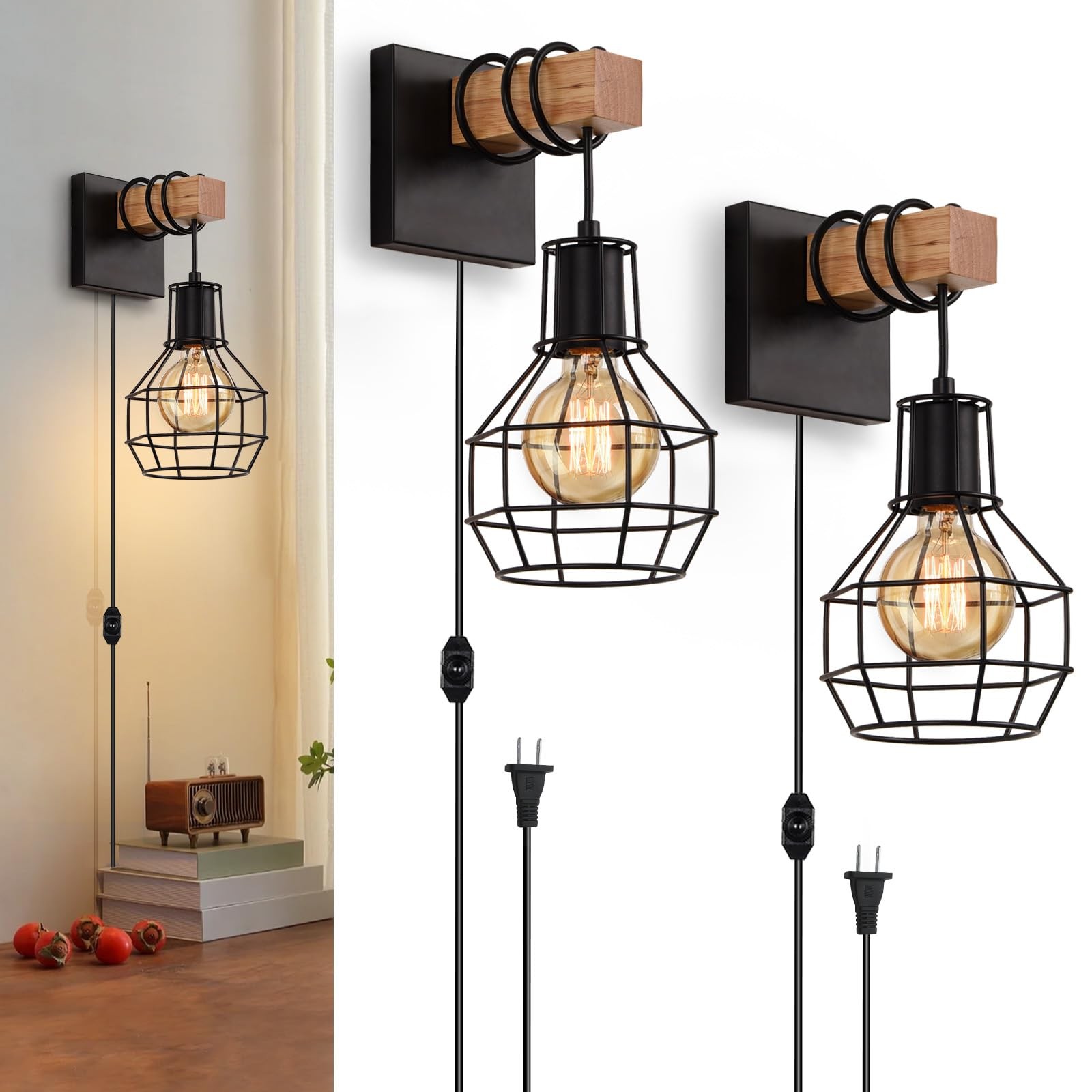 Plug in Wall Sconces Set of 2 Industrial with Dimmer Cord Control