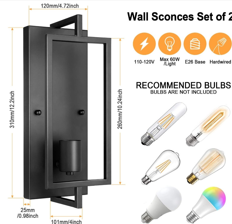 Maylaywood Industrial Wall Sconces Set of 2, Modern Indoor Lighting Hardwired