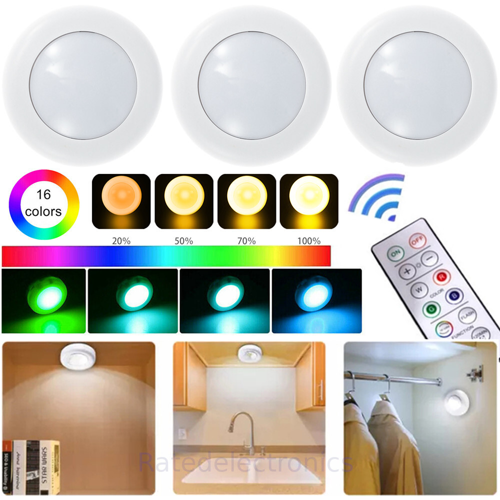 3PC Wireless LED Puck Light Cabinet Lighting Kit Kitchen Under Counter Light US