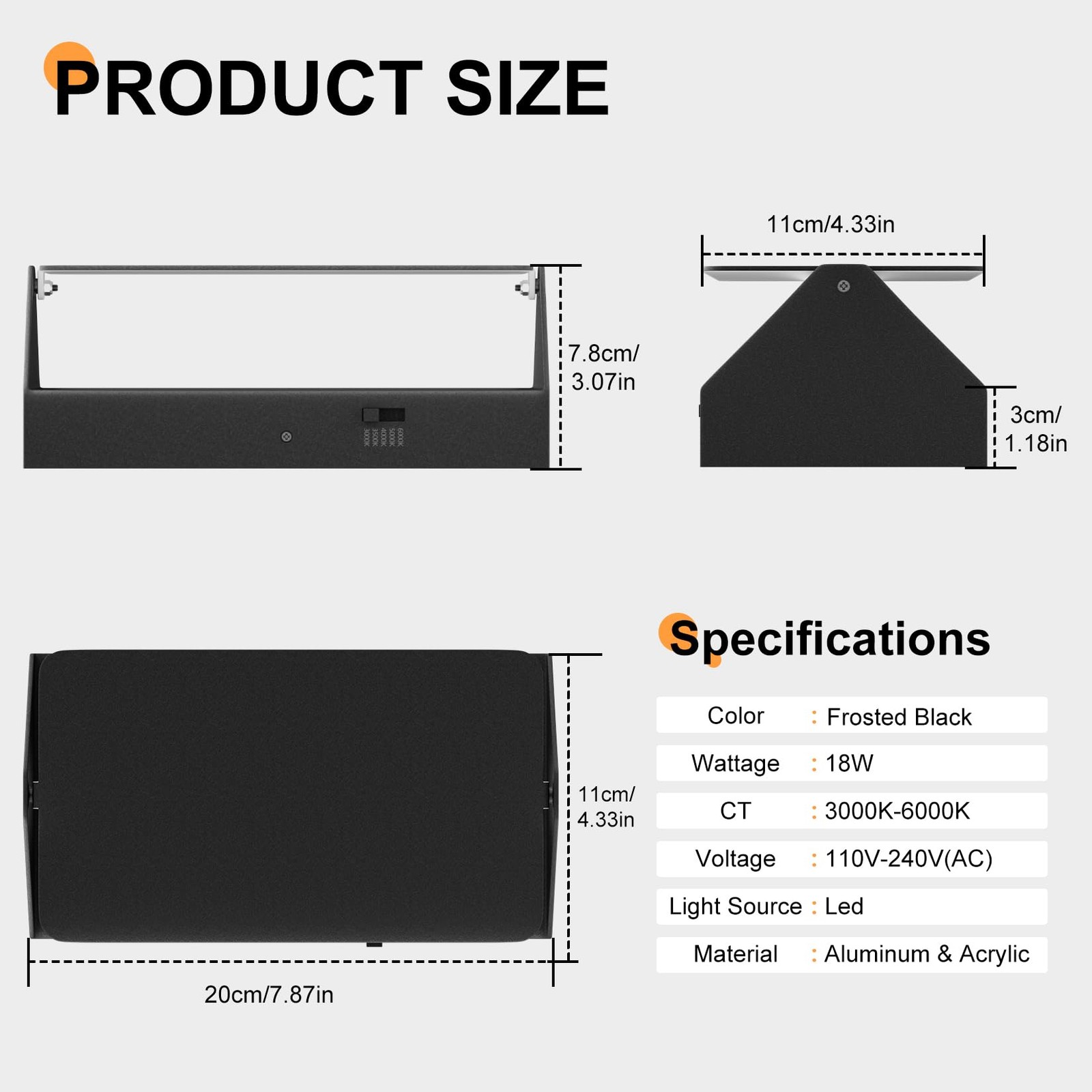 Indoor Modern Led Aluminum Wall Sconces,18W 5CCT 3000K-6000K Dimmable Hardwired