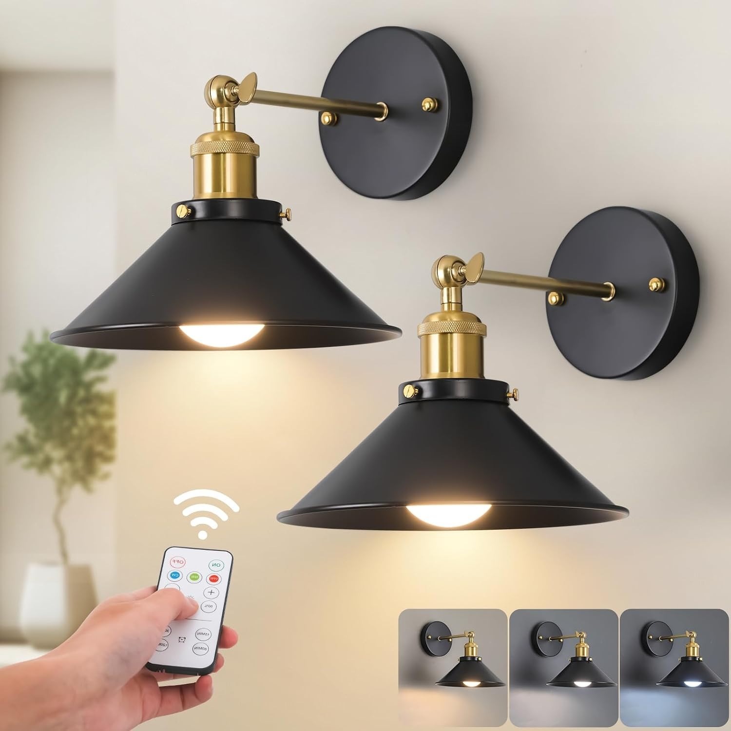 Bailoch Black Vintage Wireless Battery Wall Sconces Set 2 LED Remote