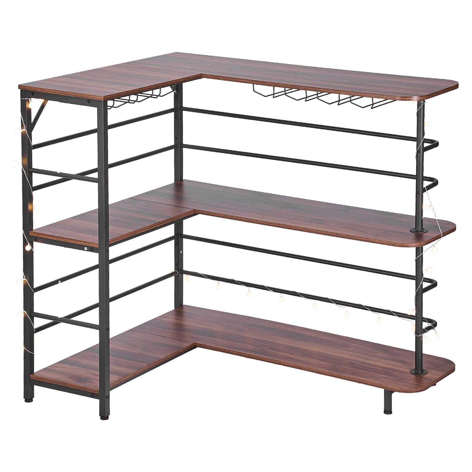 Walnut L-Bar Unit: 3-Tier Home Bar with LED Light, Glass Holder, Metal Frame
