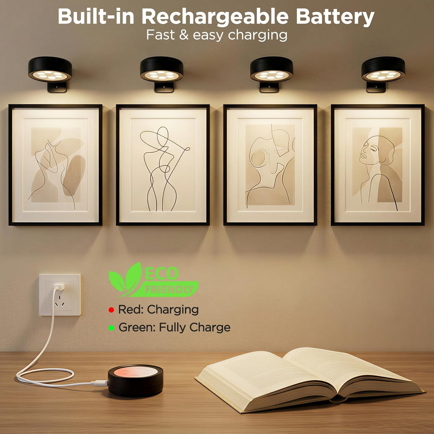 4-Pack Picture Lights for Wall, Rechargeable Wireless Poster Lights with 3 CCT &
