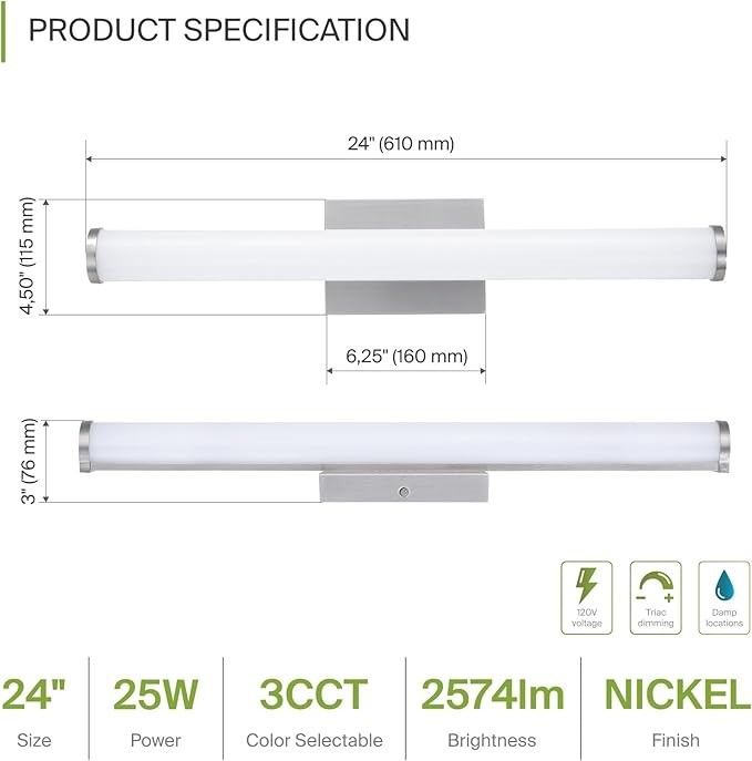 LED VANITY LINEAR | ASD-LVF23-24D25CC-NK | NICKEL | 24in | 25W | 4PCS