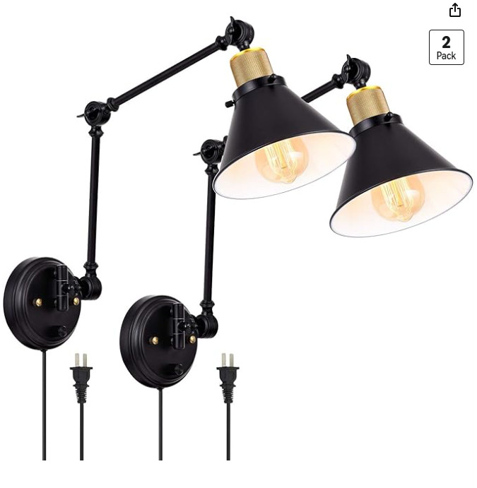 TRLIFE Wall Sconce Plug in Lamps, Dimmable Sconces Swing 2 Pack-Knob, Black