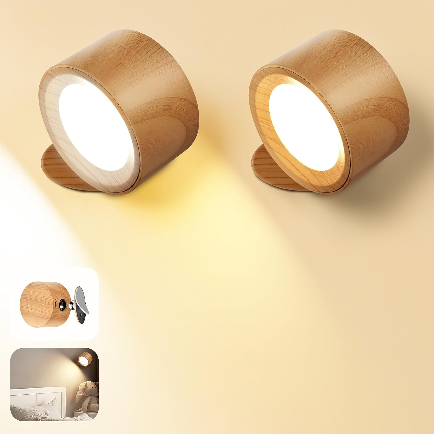 2 Pack Rechargeable LED Wall Lamp 3 Colors 3 Brightness 360° Rotate Wood New