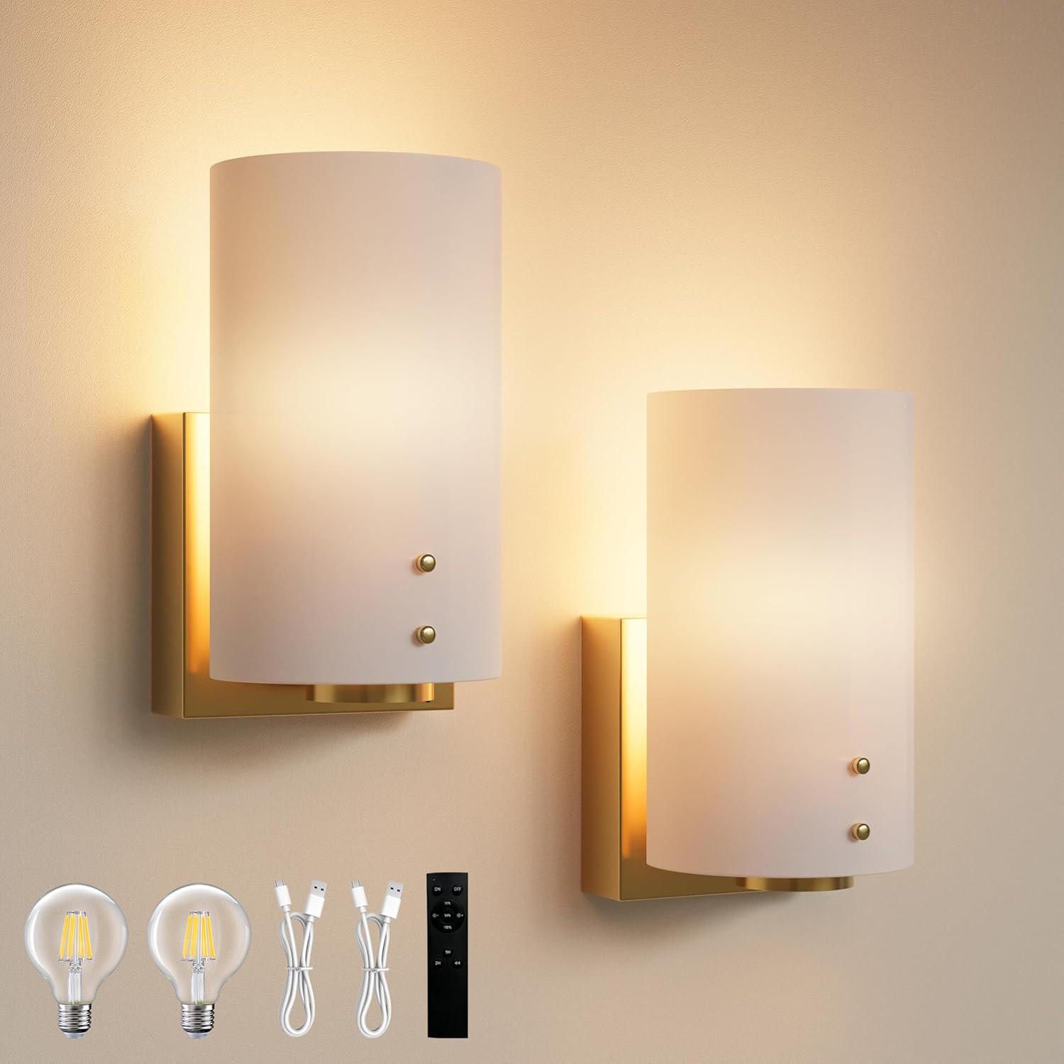 Gold Rechargeable Wall Sconces Set of 2 with Remote, Dimmable Indoor Lights