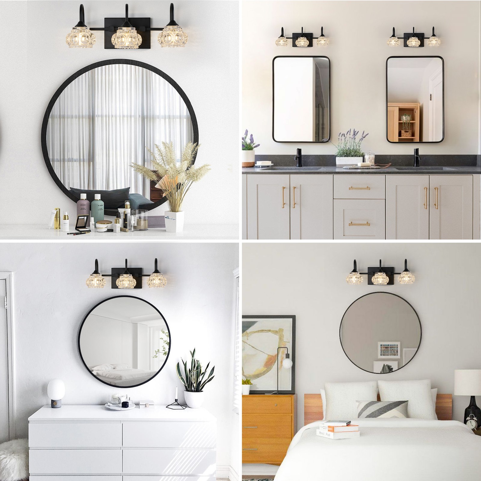 17″ Vanity Light 3 Lights Crystal Wall Lamp Bathroom Mirror Sconce Fixture Black