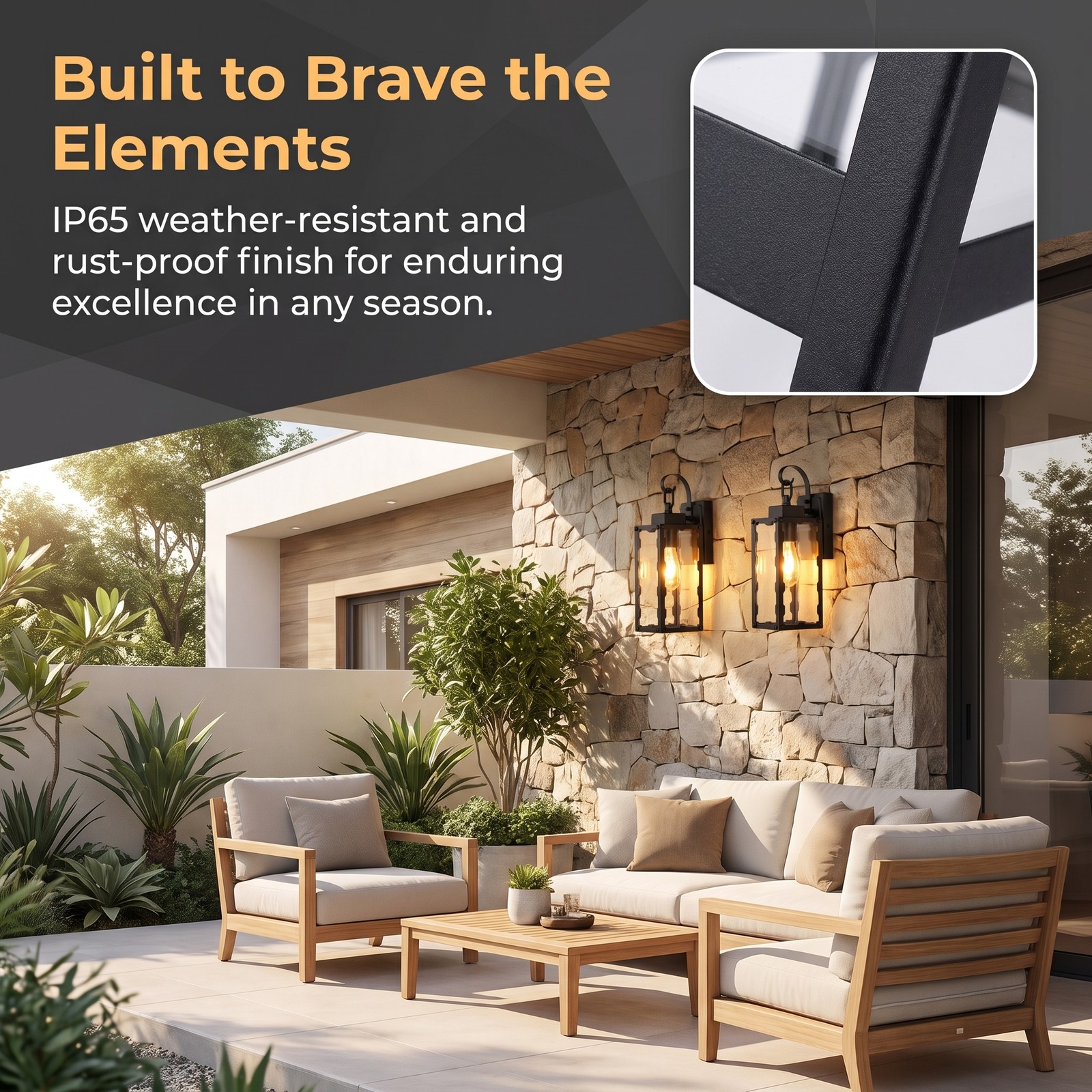 2 Pack 15″ Modern Outdoor LED Wall Light Glass Black Porch Mount Sconce Fixture