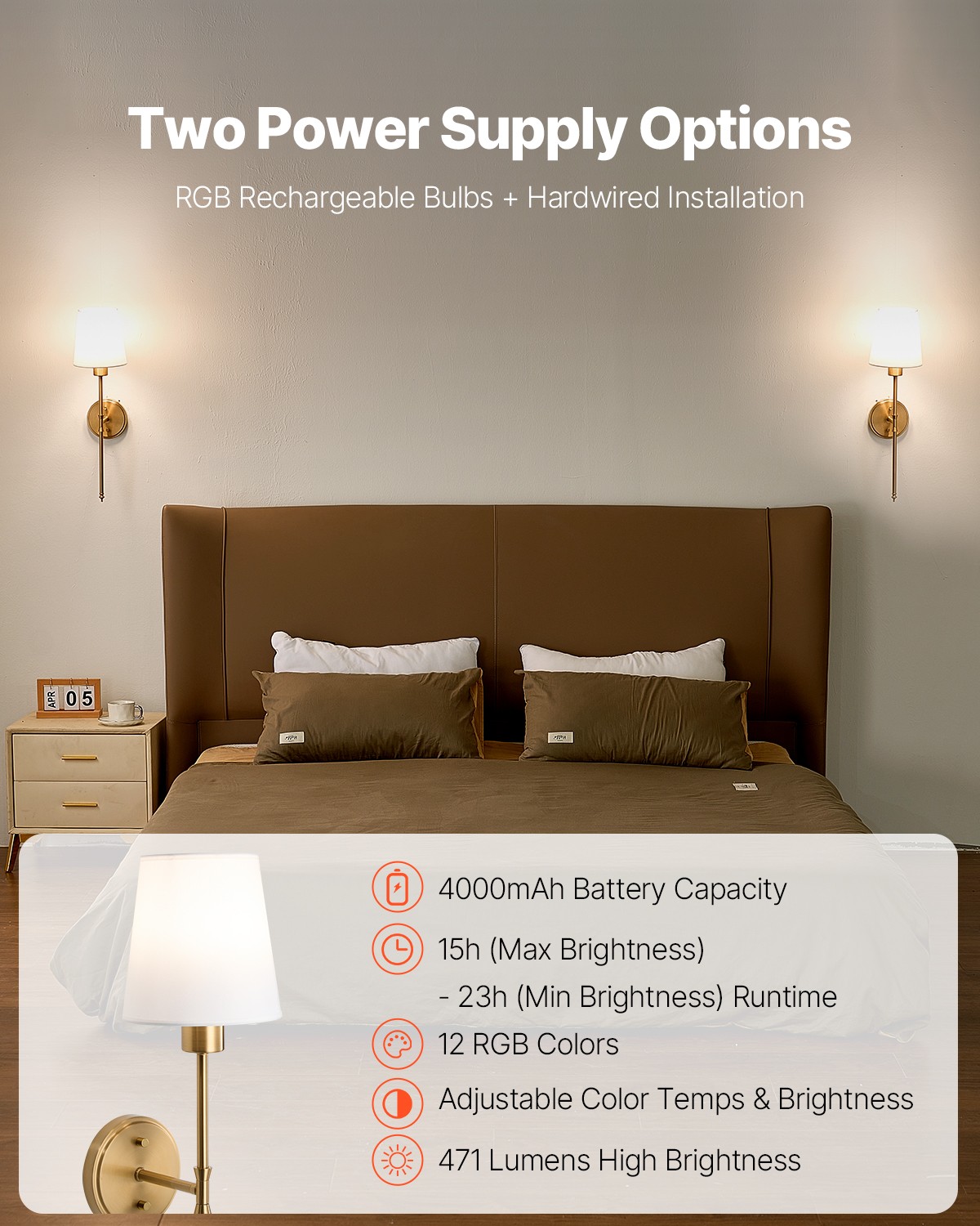 VEVOR Battery Operated Wall Sconce Set of 2 Wireless Wall Lights Remote Control