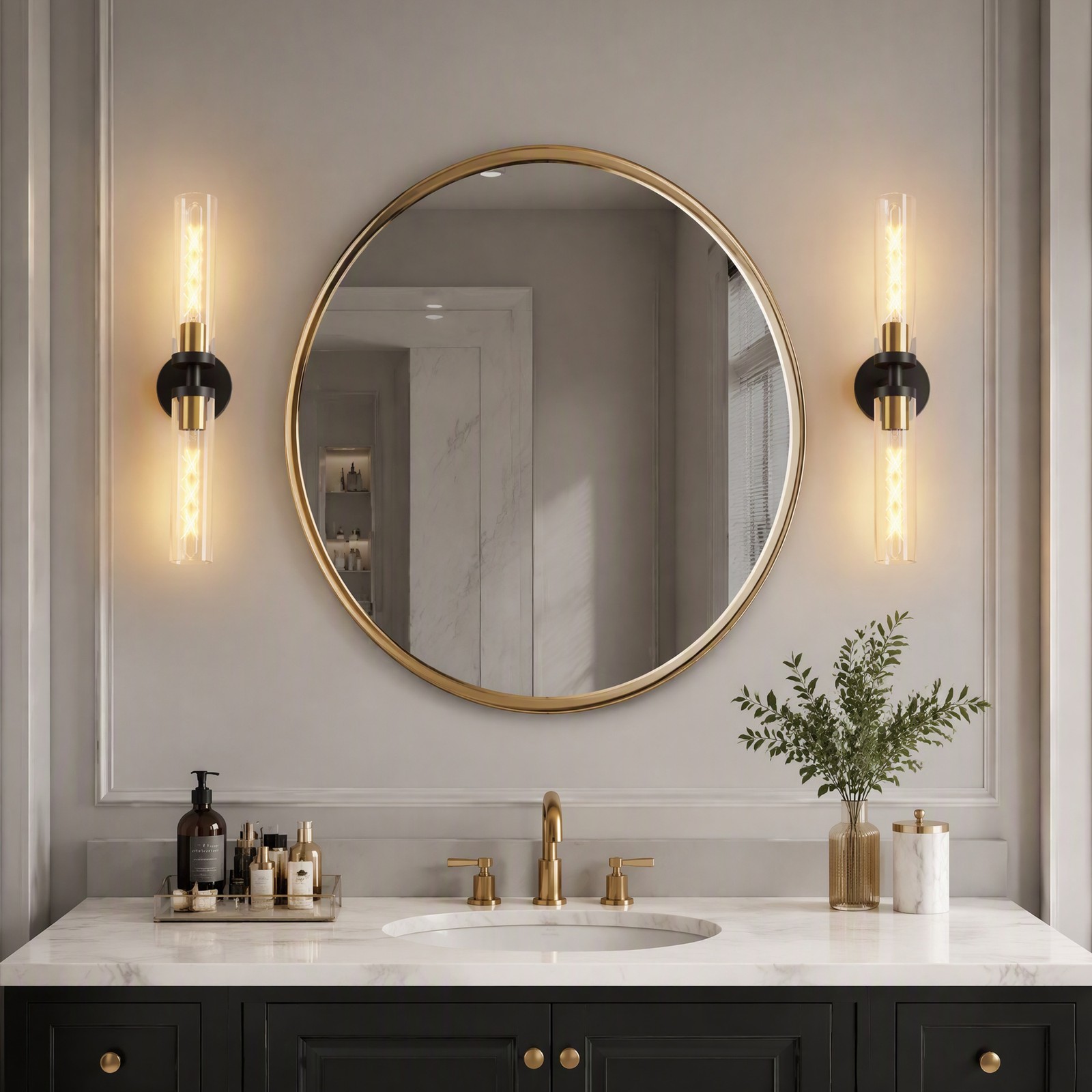 2 Pack 22″ Black Gold Indoor Wall Lamp Elegant Vanity Light Glass Sconce Fixture