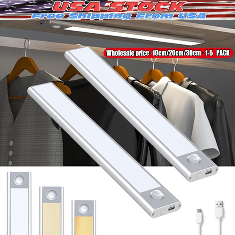 LED Motion Sensor Under Cabinet Closet Light USB Rechargeable Kitchen Lamp Strip
