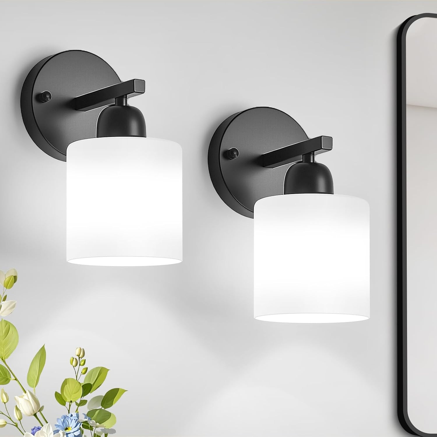 2PCS Light Black Bathroom Light Fixture, Modern Bathroom Lights with Milky White