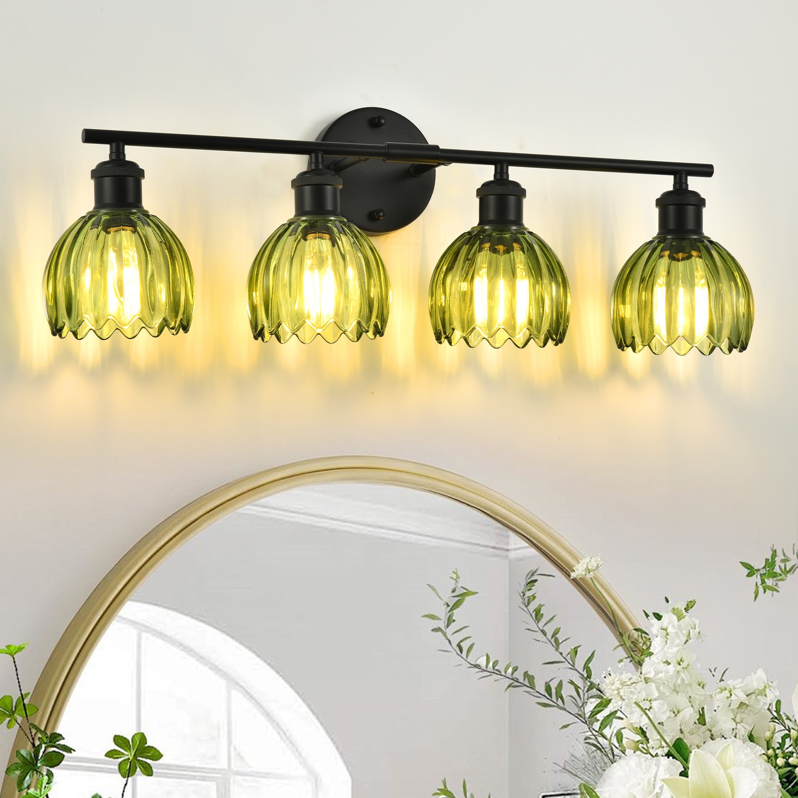 4-Light Adjustable Wall Sconce, Vintage Glass&Black Metal，Bathroom Bedroom Decor