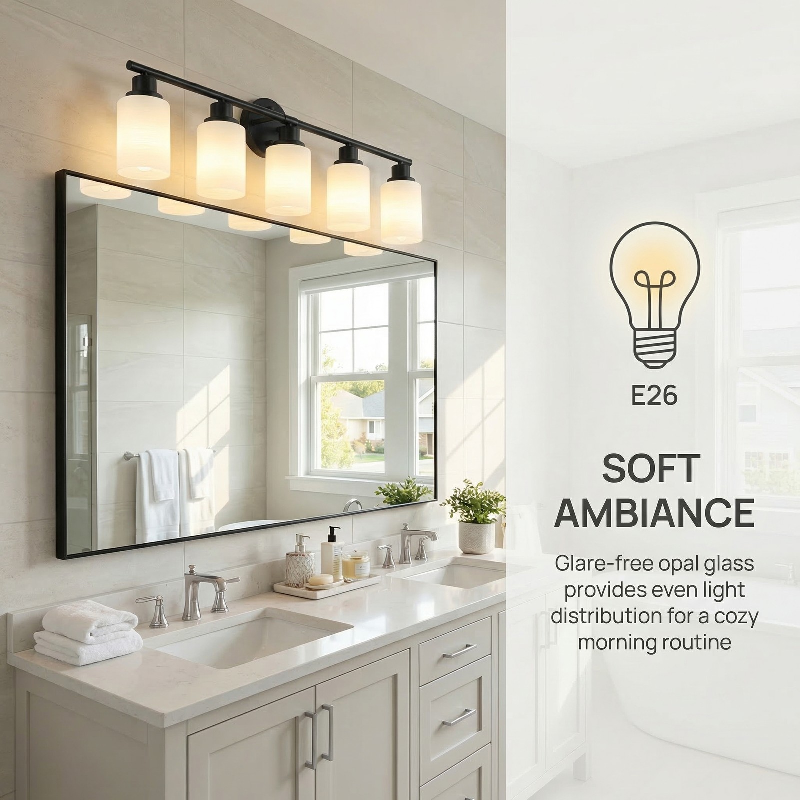 32 inch Black Glass Shade Vanity Light 5-Lights Wall Fixture Bathroom Mirror LED