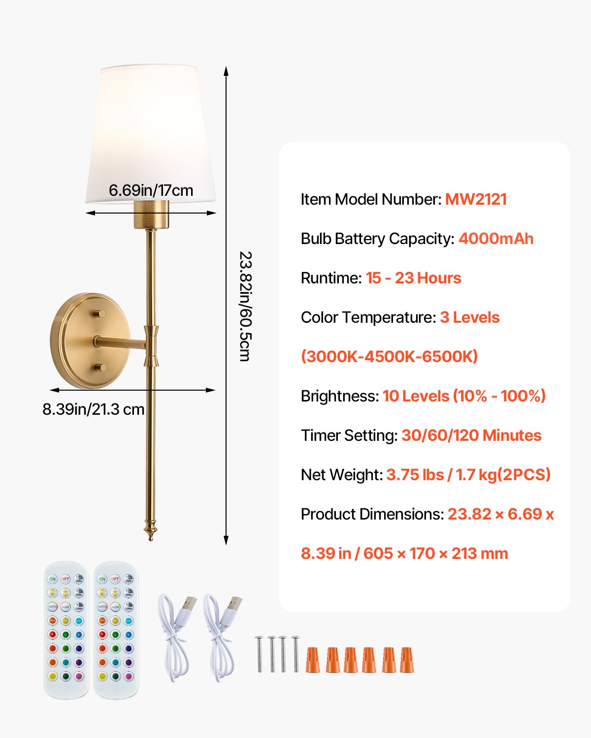 VEVOR Battery Operated Wall Sconce Set of 2 Wireless Wall Lights Remote Control