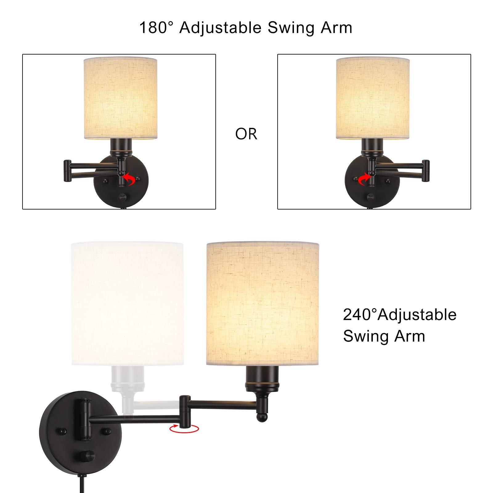 Plug in Wall Light Set of 2, Swing Arm Wall Lamps, Modern Bedroom Wall Sconce…