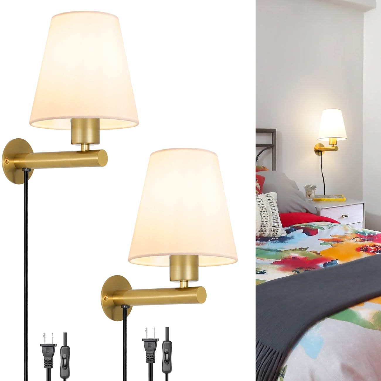 Gold Plug in Wall Sconces Set of Two, Brass Wall Sconce Lights for Bedroom Pl…