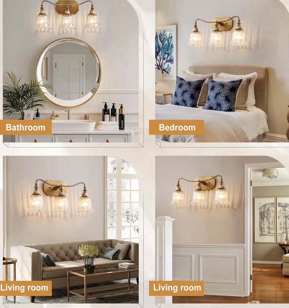 3-Light Vintage Gold Vanity Wall Light, Clear Bell Glass Shades, E26, 22.4 in