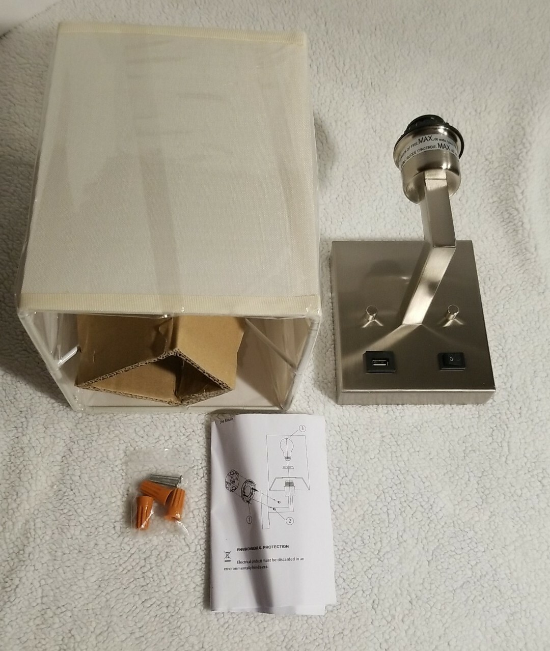 Wall-Mounted Hard Wired Wall lamp with USB Charging Port and On/off Switch.