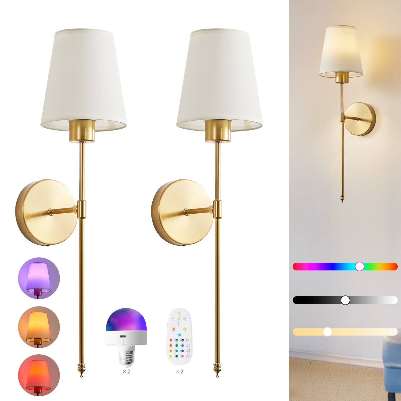 2 Pack Rechargeable RGB Wall Sconces Battery Powered Wireless LED Lights Remote