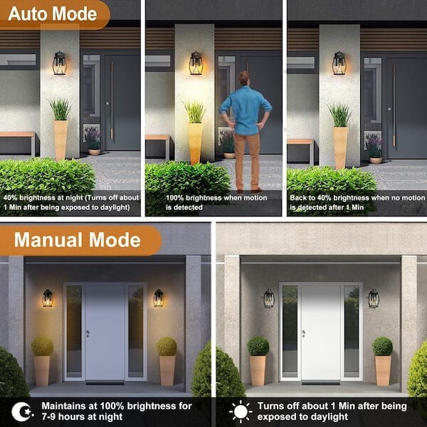 Modern Black Wall Light TORA 1-Light Motion Sensor Wall Lantern Sconce (2-Pack)