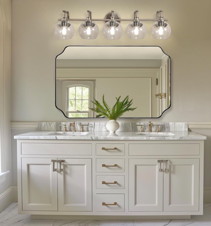 ANDY STAR 5-Light Vanity Wall Light, Brushed Nickel, Clear Round Glass Globes