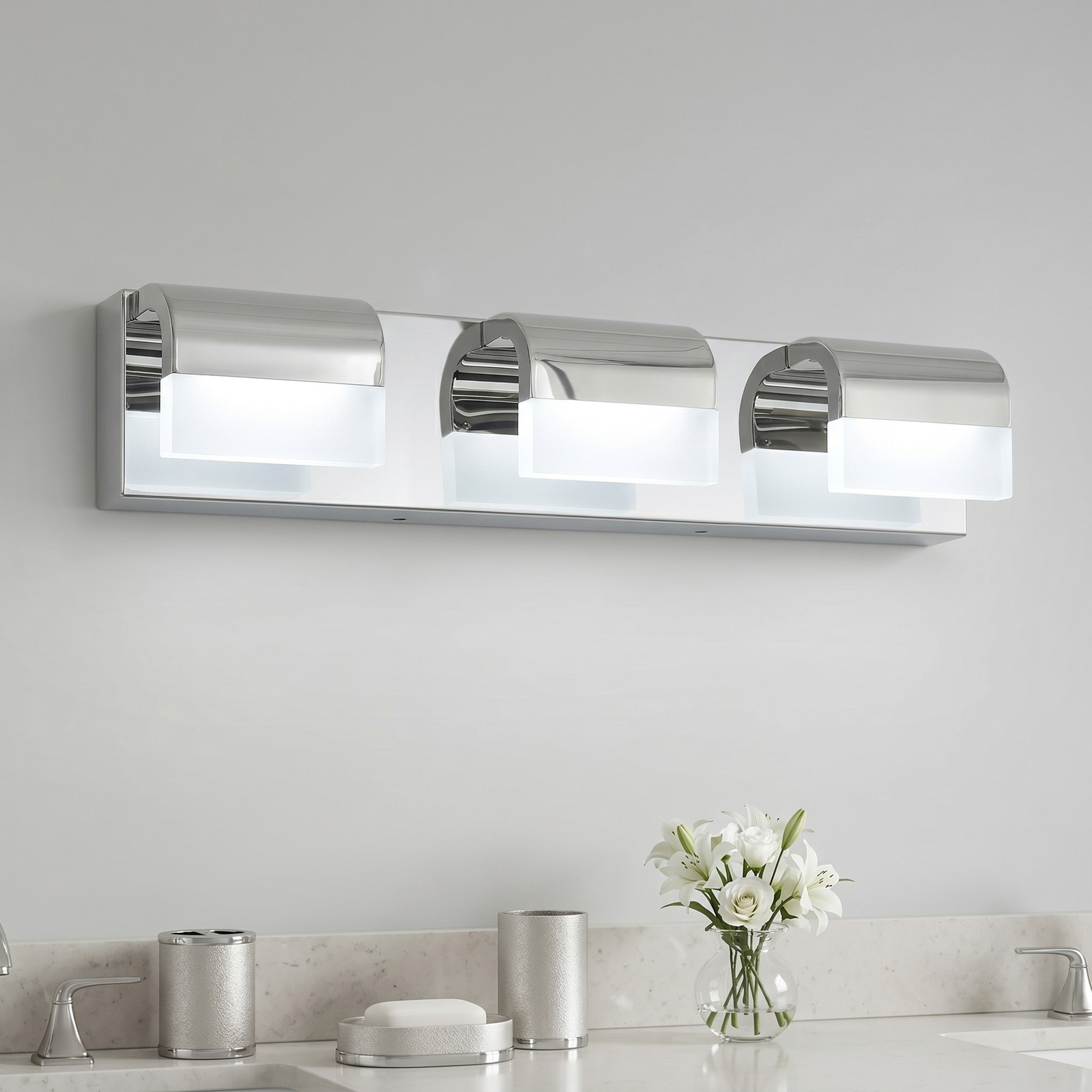 22» Chrome Vanity 3 Light LED Dimmable Bathroom Over Mirror Wall Sconce Fixture