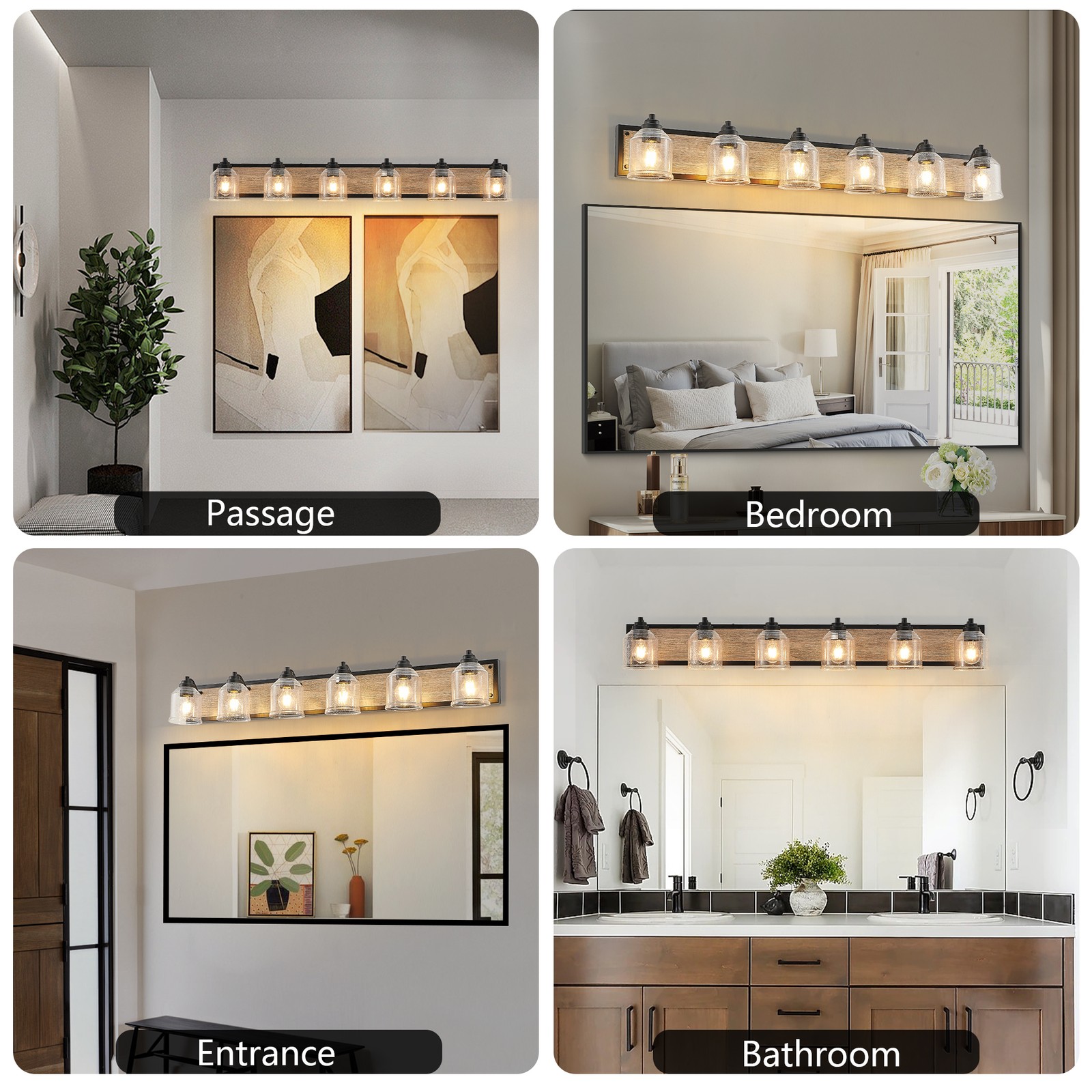 Vanity Light 48 inch 6 Lights Wood Bubble Glass Bathroom Mirror LED Wall Fixture