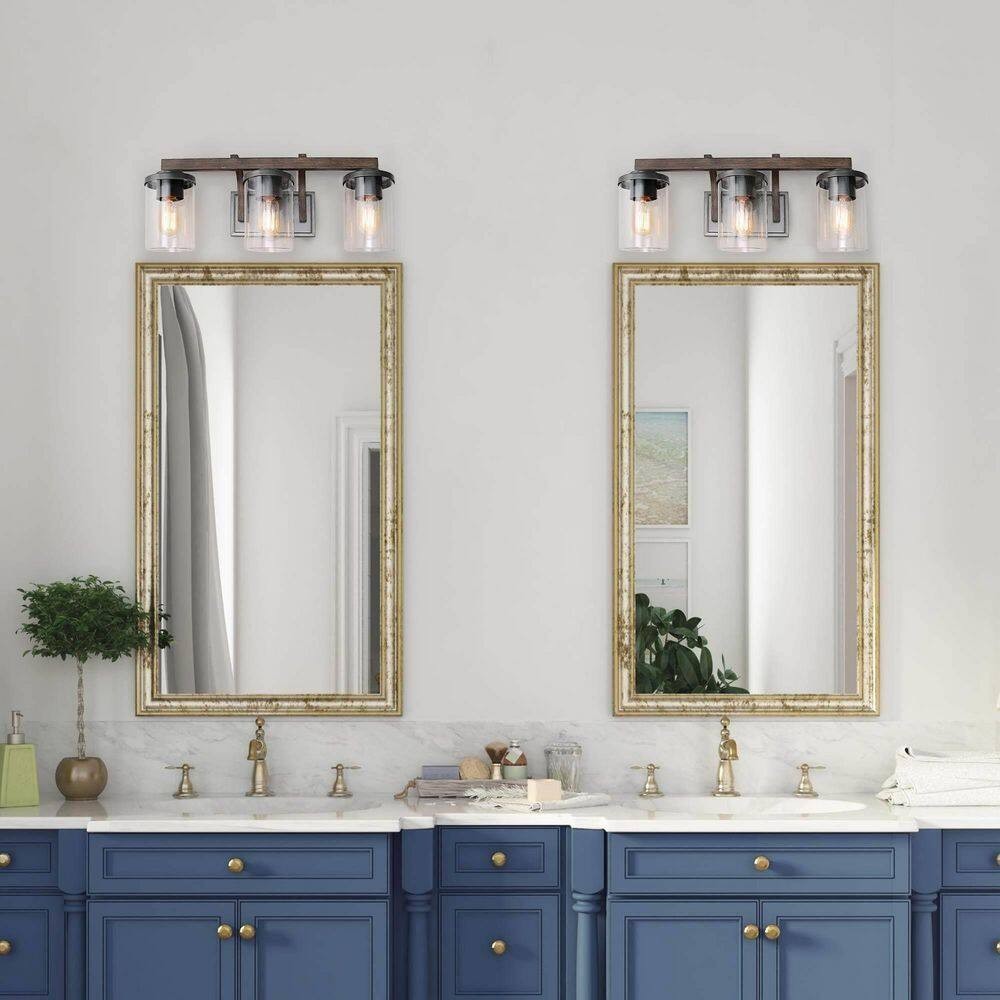 LNC A03409 20in 3-Light Farmhouse Vanity Light Rust Black Faux Wood Clear Glass
