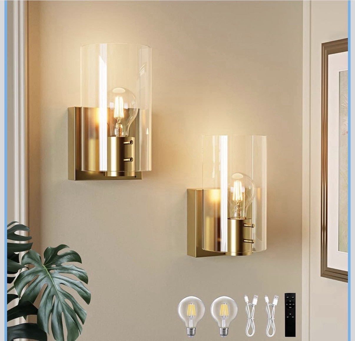 Morauroral Gold Battery Operated Wall Sconces Set of 2 Rechargeable Glass Shade