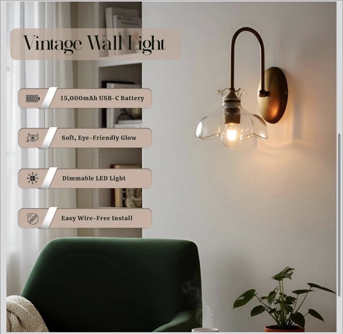 Generic PERLÉE Battery Operated Wall Sconce, USB-C Rechargeable, Copper, Glass S