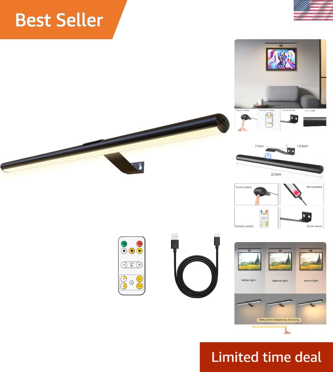 22» LED Wall Light with Remote Control & Magnetic Charge – Perfect for Artwork