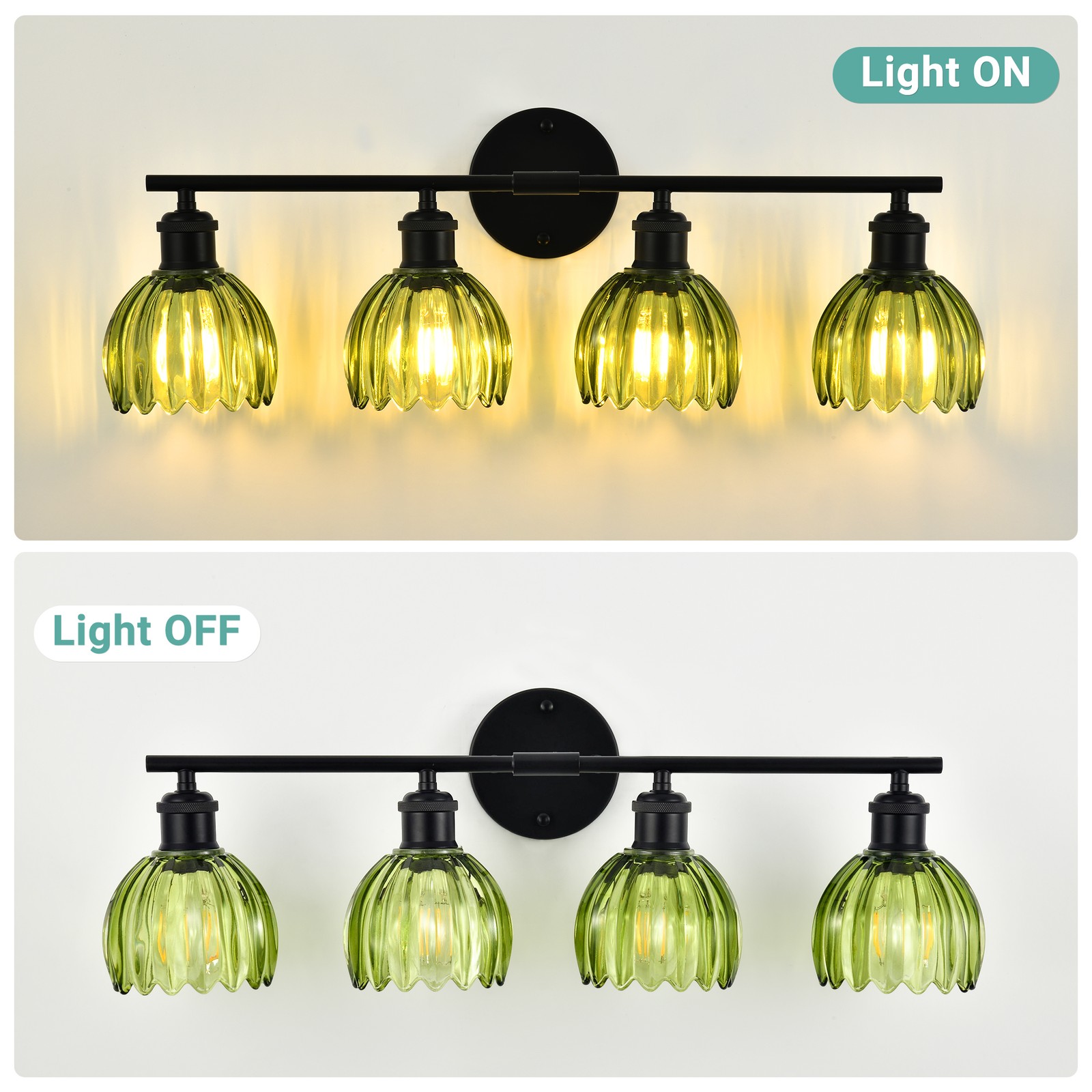 4-Light Adjustable Wall Sconce, Vintage Glass&Black Metal，Bathroom Bedroom Decor