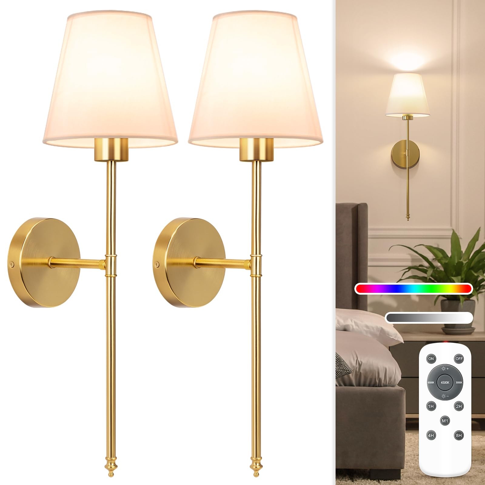 NIORSUN Set of 2 Gold Rechargeable Wall Sconces 10 Colors Remote