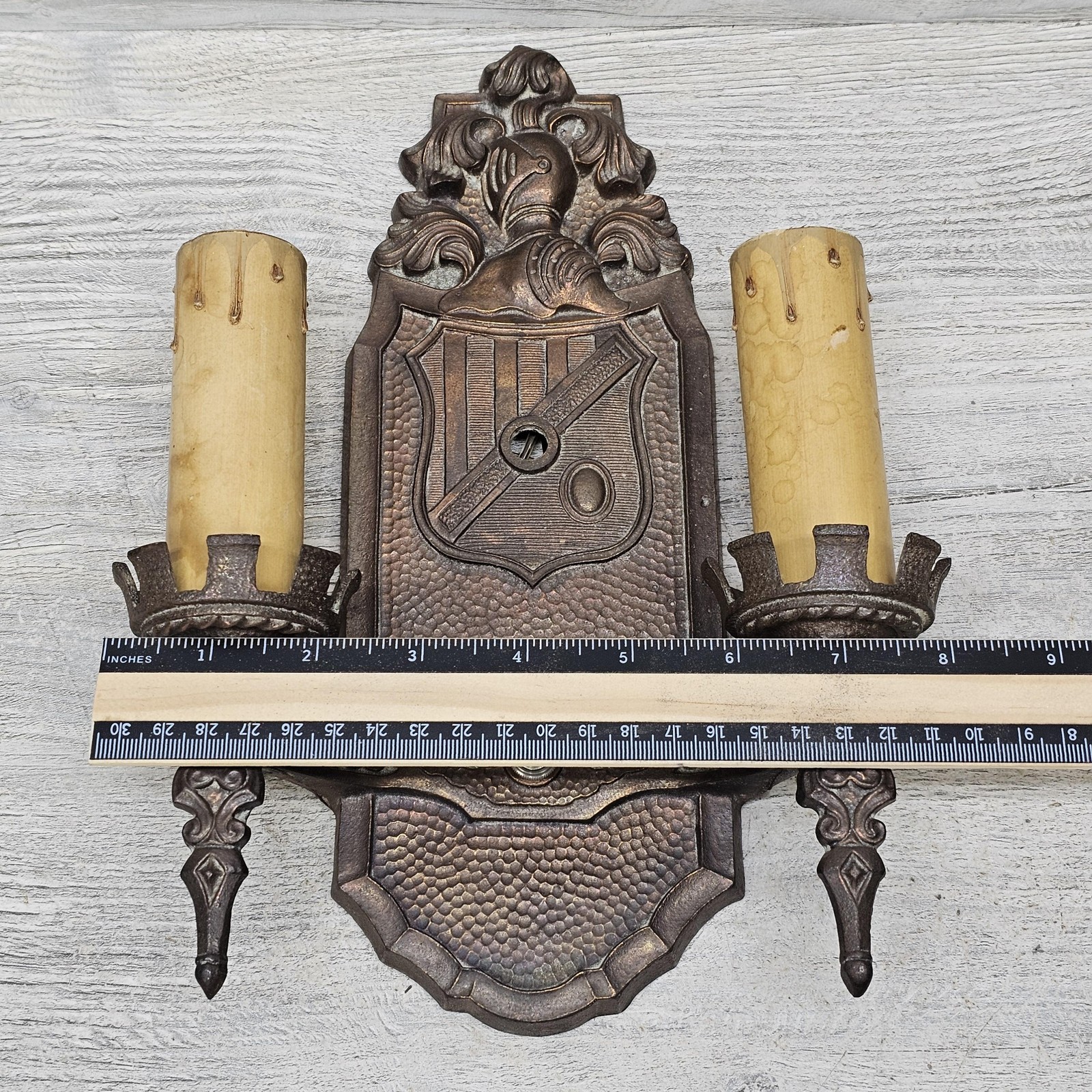 Vintage Markel Cast Iron Gothic Wall Sconce Double Candle Light Bronze P596