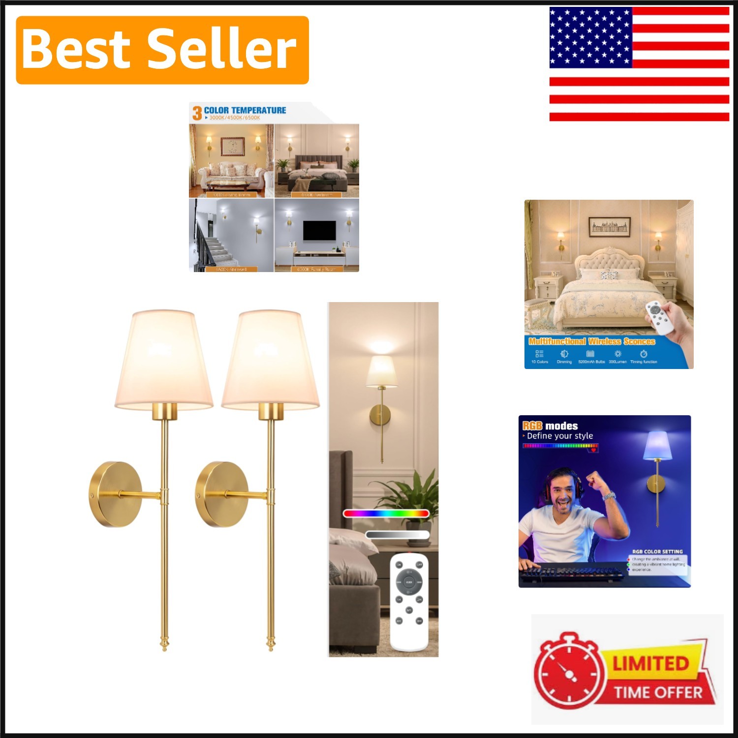 Modern Battery Powered Wall Sconce Set – Elegant Gold Design for Any Room
