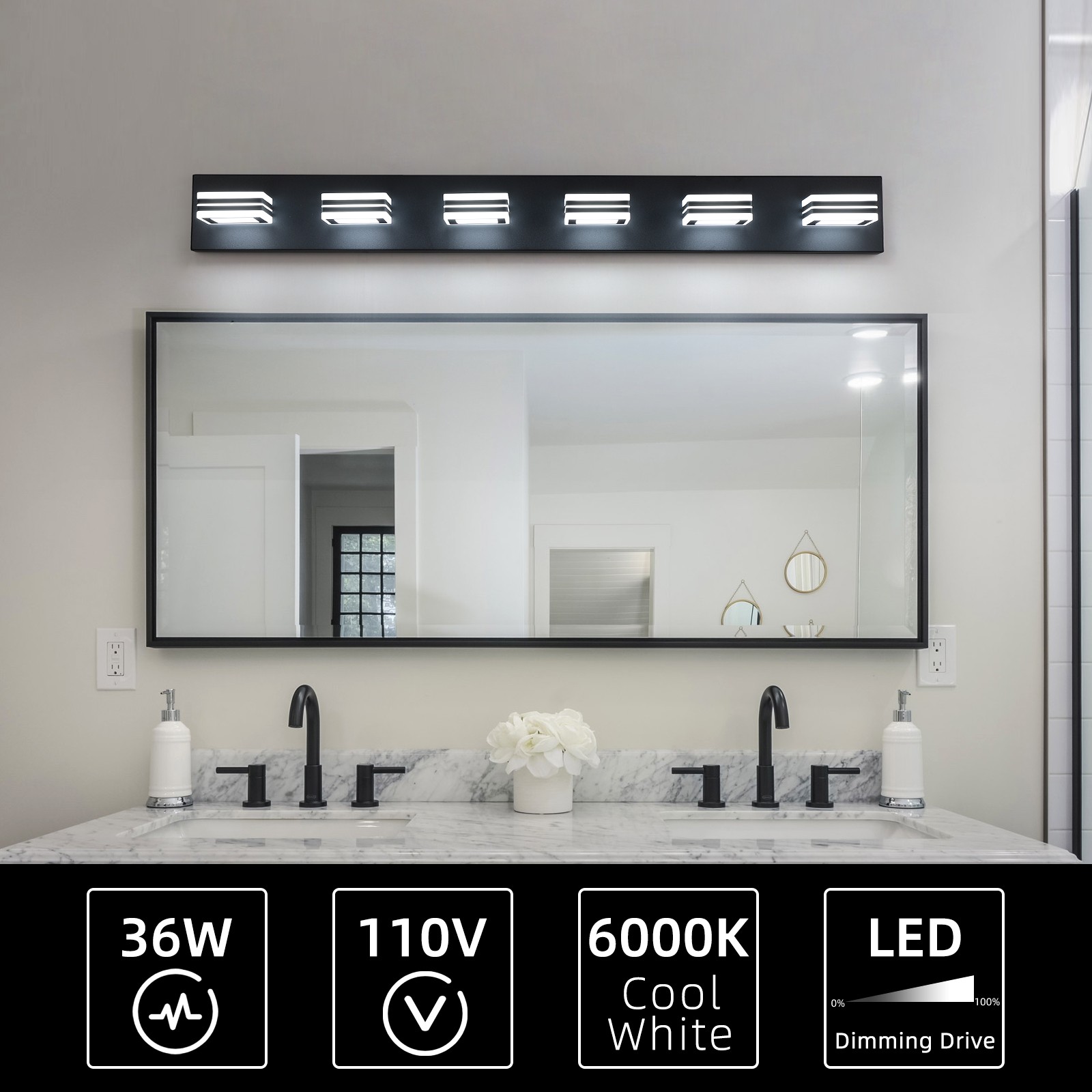 39″ 6 Lights Bathroom Mirror LED Vanity Light Black Wall Lamp Fixture Dimmable