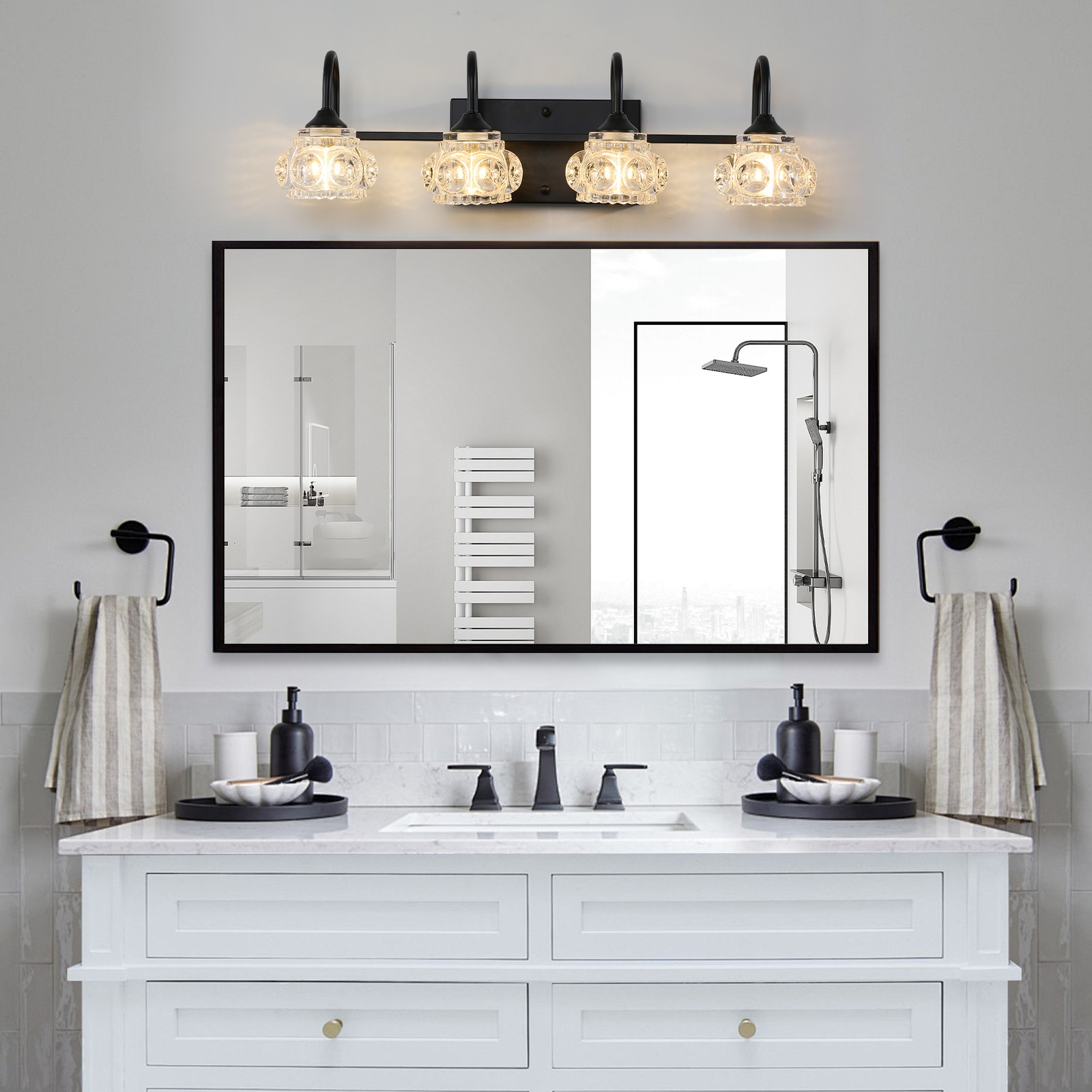 23″ Vanity Light 4 Lights Modern Bathroom Mirror Crystal Wall Lamp Fixture Black
