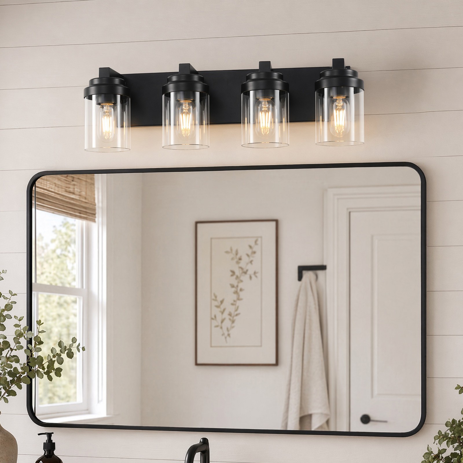24» LED Vanity 4 Light Glass Shade Black Bathroom Mirror Wall Sconce Fixture