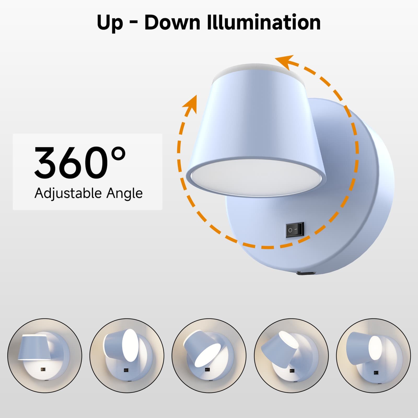 360° Adjustable 3 Color LED Wall Lamp with Remote & USB Charger 9000mAh Battery