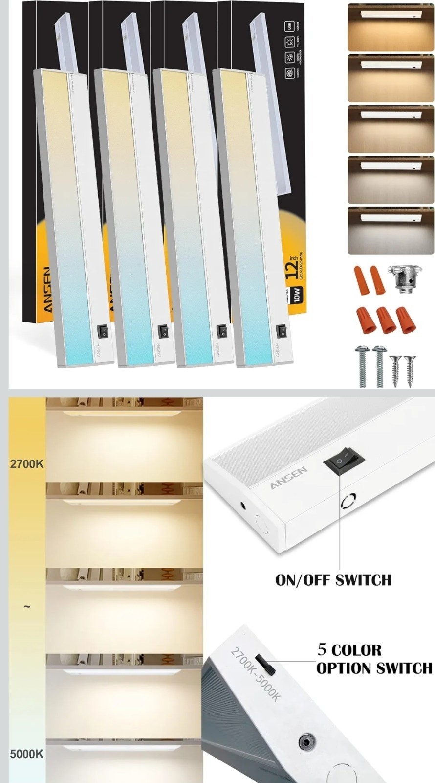 4Packs of Under Cabinet Lighting Hardwired 12IN 10W 666LM Dimmable Led Light