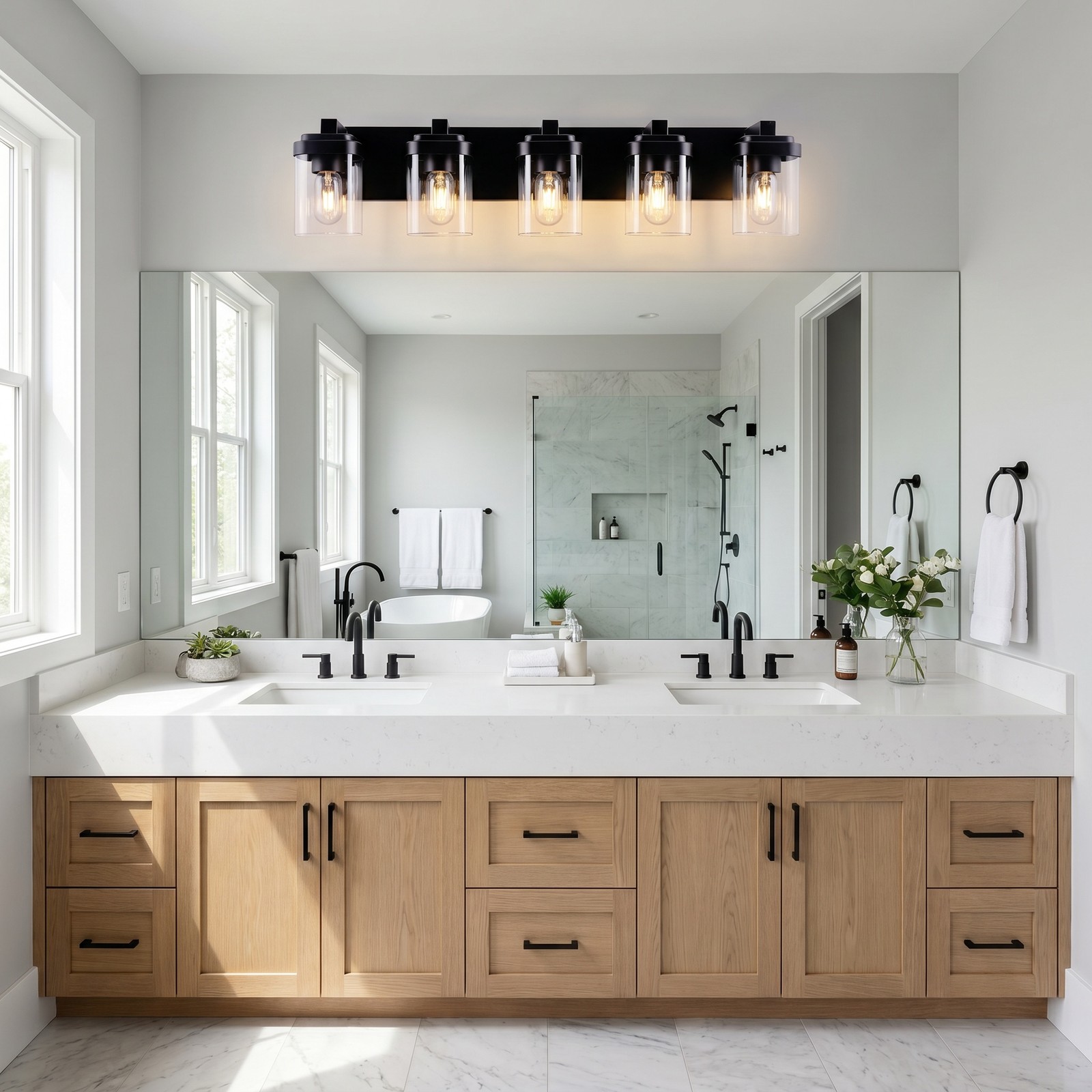 31» Vanity 5 Light LED Square Glass for Bathroom Over Mirror Wall Black Fixture