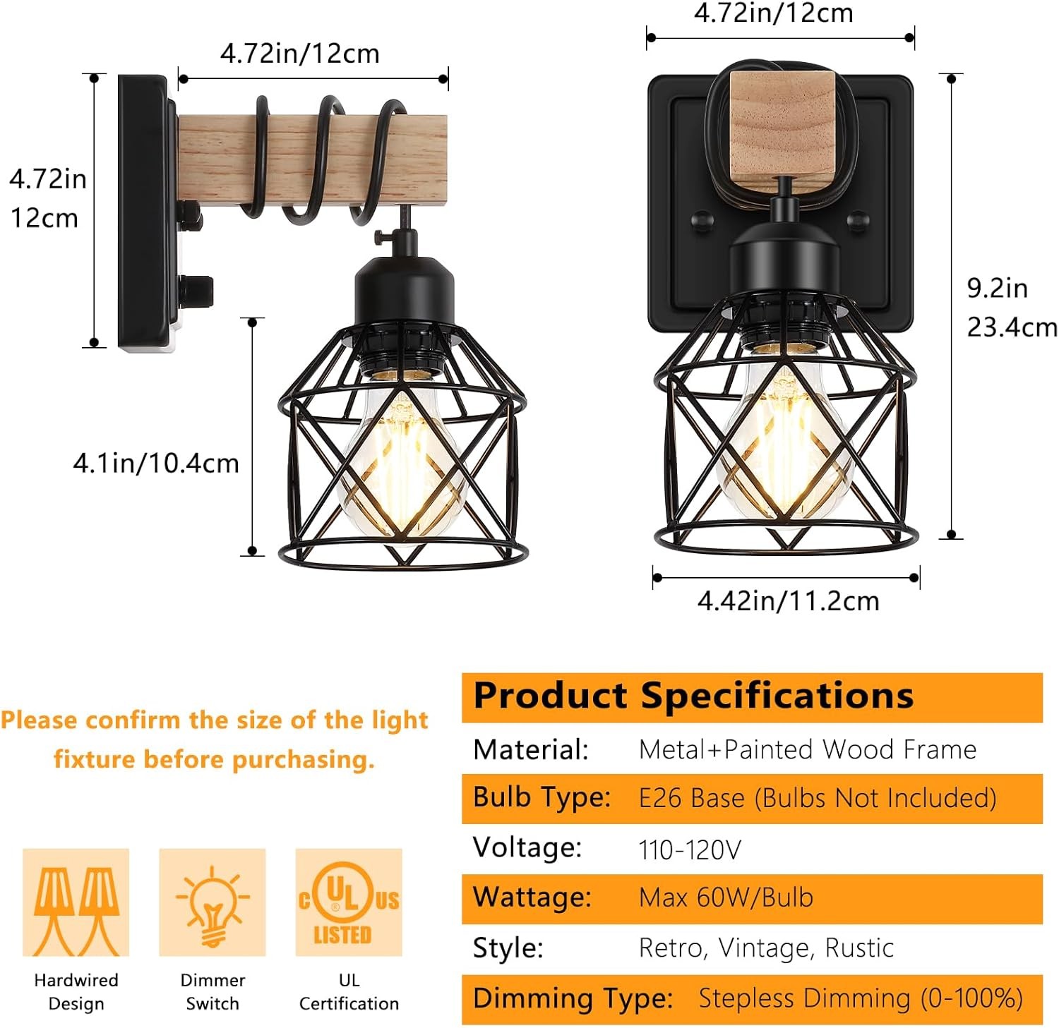 Dimmable Wall Sconces Set of Two, Bedside Wall Mounted Lamp with Rotary Switc…