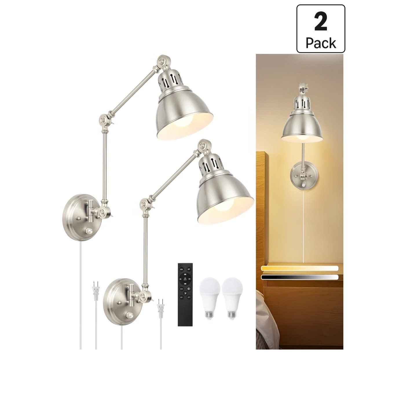 GOODATE 2 Pack Plug-In Wall Sconces Brushed Nickel Remote Dimmable LED