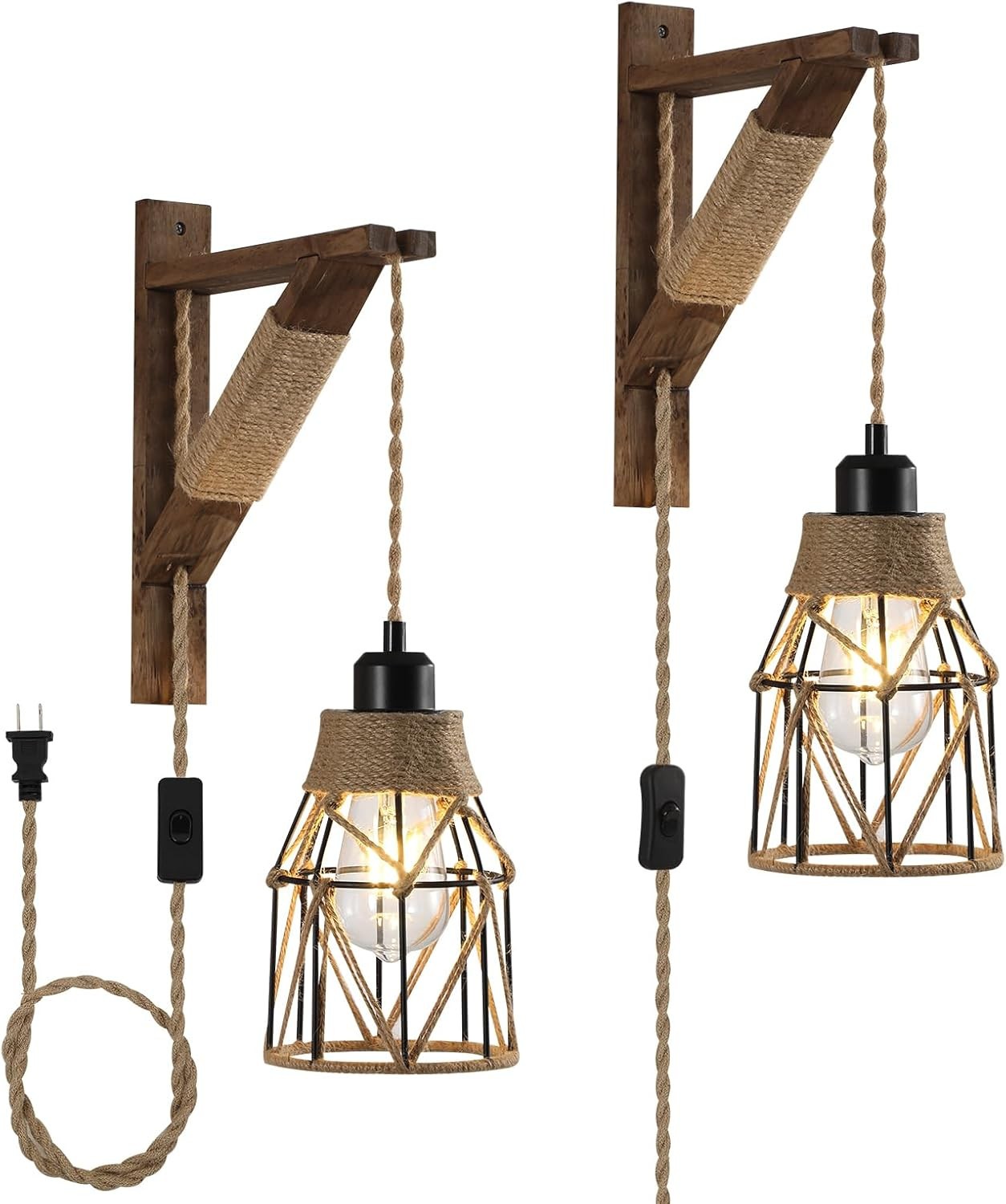 2-Pack Plug-in Wall Sconces – Farmhouse Metal Cage Lights with Distressed Wood B