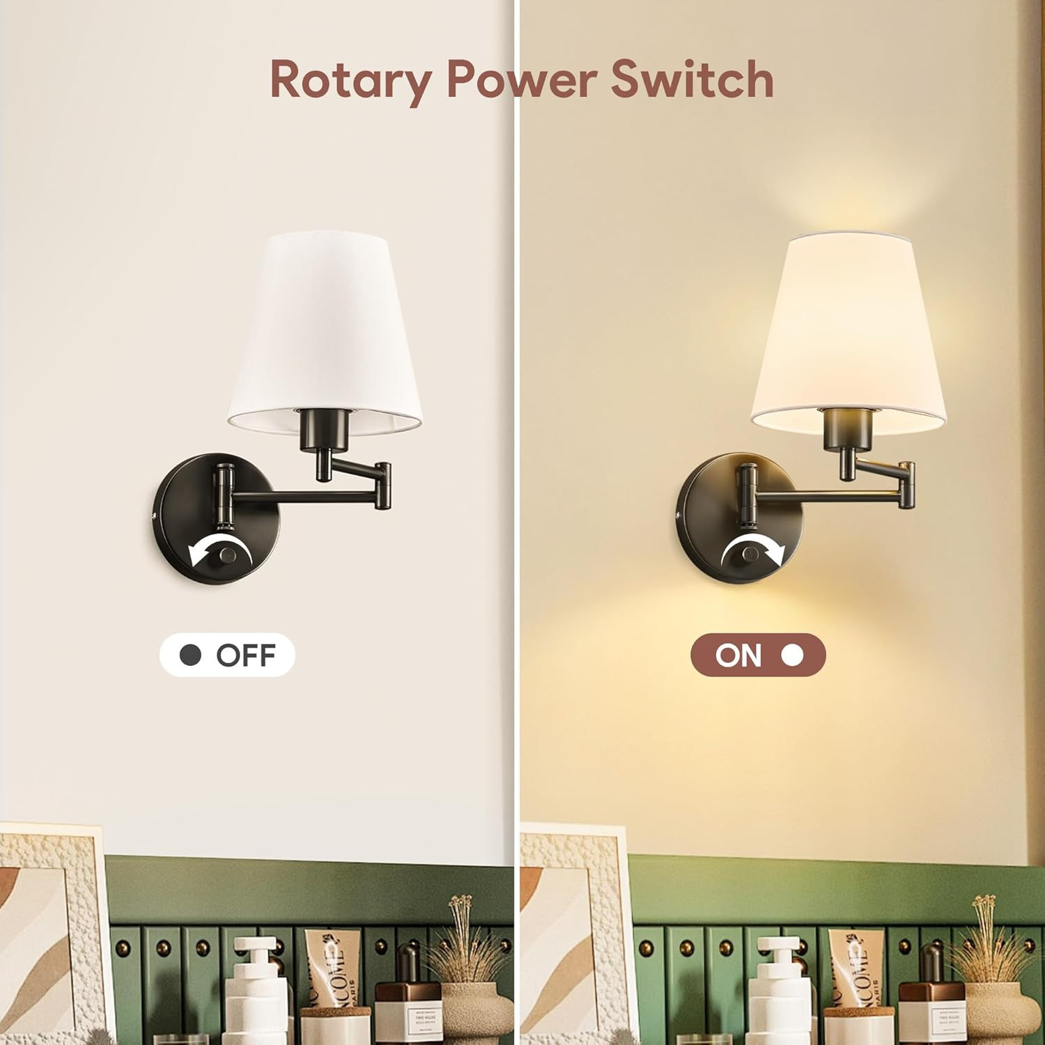 Wall Sconce Set of 2, Plug in & Hardwired Swing Arm Wall Lamps, Adjustable Wa…