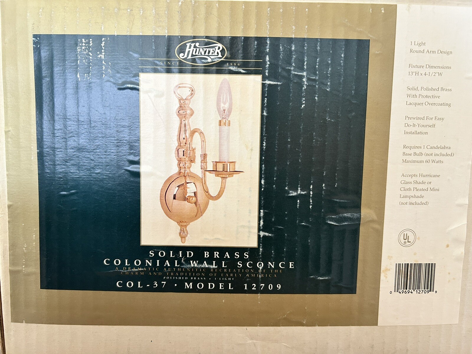 Hunter Fan Company Colonial Wall Sconce 12709 Vintage 1994 Solid Brass Col 37